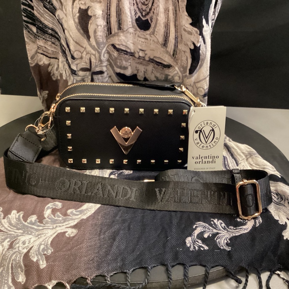 Valentino Orlandi Black Crossbody Bag with Gold Accents
